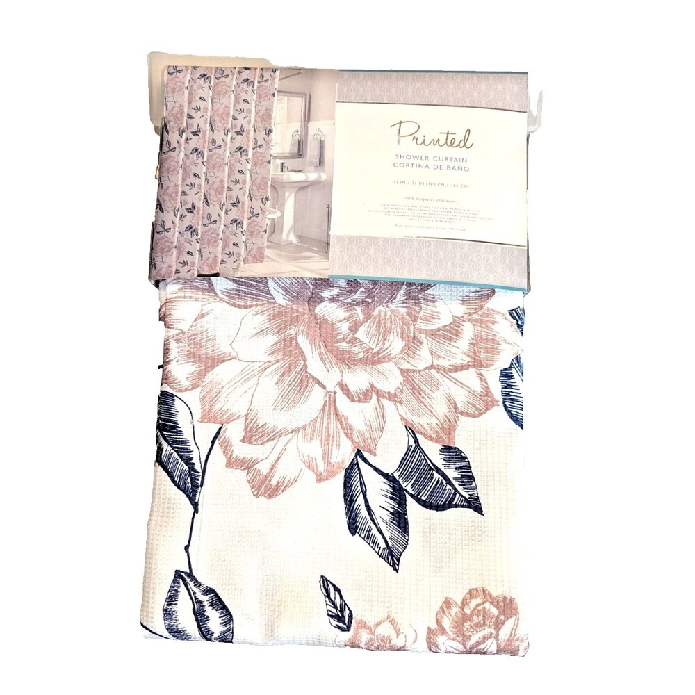 Floral Shower Curtain Mauve Flowers Navy-Blue Leaves on White Polyester Bath